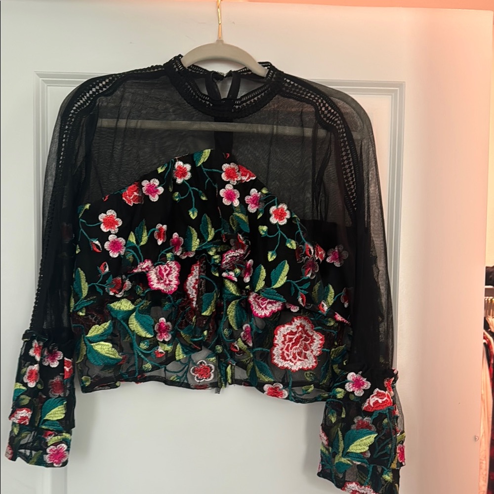 Elegant Black and Pink Crop Blouse with Embellishments